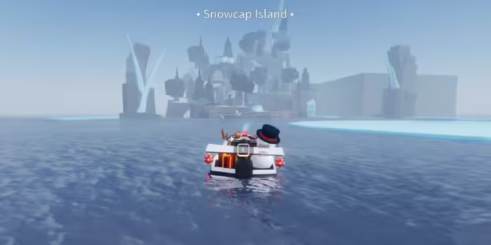 The image shows a player approaching Snowcap Island in the game Fisch on Roblox. The island is characterized by its icy, mountainous terrain and snow-covered trees. The player is in a festive-themed boat heading toward the island, with icy spires and frozen platforms visible nearby.