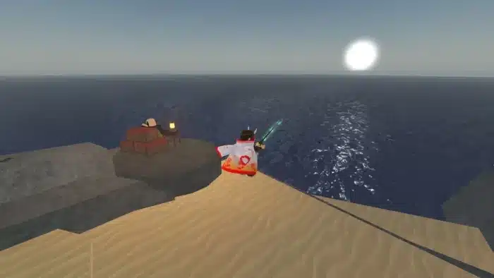 Player fishing at sunset on sandy cliff in Roblox "Fisch," near a seated NPC with crates and lantern, showing peaceful view from Statue of Sovereignty location.