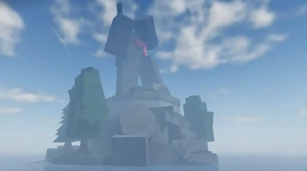 Massive stone statue with red scarf atop rocky island in Roblox "Fisch," marking the Statue of Sovereignty location under a bright, cloudy sky.