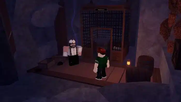 Roblox "Fisch" scene at Statue of Sovereignty location, featuring a miner NPC near a wooden lift in a dim cave with barrels and lantern light.