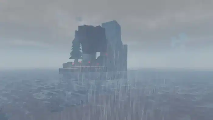 A rainy view of Sunstone Island in Roblox Fisch, featuring a blocky landmass with large cube-shaped trees, stone cliffs, and a misty atmosphere over the ocean.
