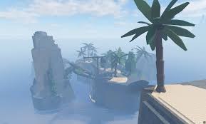 A tropical island in Roblox Fisch known as Sunstone Island, featuring sandy terrain, palm trees, rocky cliffs, and wooden structures surrounded by calm ocean waters under a partly cloudy sky.