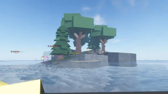 Terrapin Island in Fisch on Roblox, with blocky green trees and visible location markers for Roslit Bay, Moosewood, and Sunstone Island near the shore.
