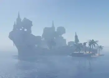 Terrapin Island in Fisch on Roblox, showing a large rocky island with tall pine trees and a smaller beach area with palm trees surrounded by calm water.