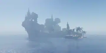 Terrapin Island in Fisch on Roblox, showing a large rocky island with tall pine trees and a smaller beach area with palm trees surrounded by calm water.