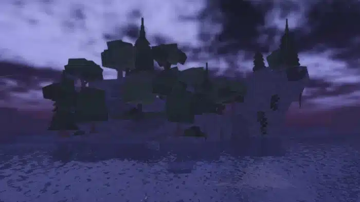 Terrapin Island in Fisch on Roblox at night, showing a large rocky landmass with blocky trees under a cloudy purple sky, surrounded by dark ocean water.