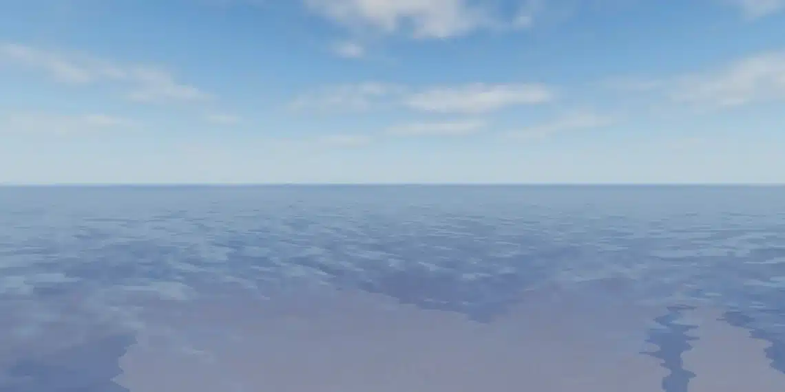 A vast, calm ocean under a bright blue sky with soft white clouds in Roblox Fisch. The horizon stretches endlessly, showing no land in sight, evoking a serene and open atmosphere ideal for sea exploration or fishing.