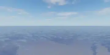 A vast, calm ocean under a bright blue sky with soft white clouds in Roblox Fisch. The horizon stretches endlessly, showing no land in sight, evoking a serene and open atmosphere ideal for sea exploration or fishing.