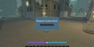Roblox Type Soul gameplay showing a code redemption pop-up with “Redeem Codes Here!” text, set in a misty city street with glowing windows and stat bars.