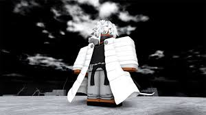 Roblox Type Soul character with white hair and a long white coat stands powerfully in a dramatic black and white landscape under a cloudy sky.