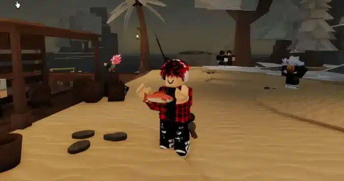 A Roblox character with red and black spiky hair and a red plaid shirt holds a fish while standing on a sandy beach at night. Other players are seen in the background near trees and barrels, with fishing rods, suggesting a fishing or value-trading activity in a coastal or island setting.