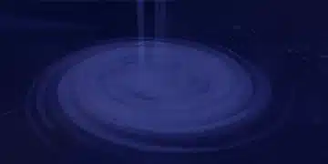 A swirling purple whirlpool or vortex in the middle of a dark ocean, viewed from above, with faint light beams descending into its center—likely representing the entrance to the Vertigo location in the Roblox game Fisch.