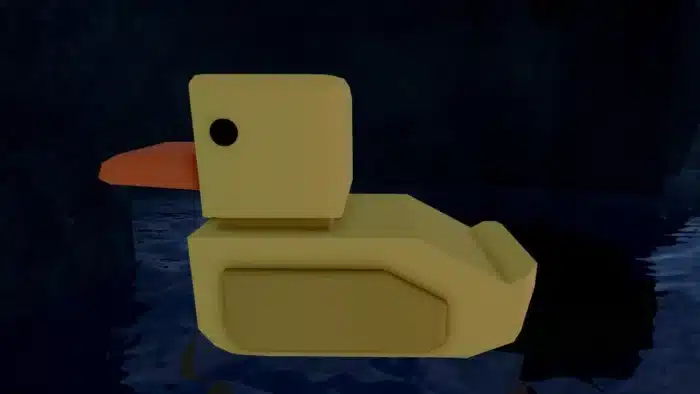 A blocky yellow rubber duck with an orange beak and black eyes floating on dark water inside a shadowy cave, featured in the Roblox game Fisch's Vertigo location.