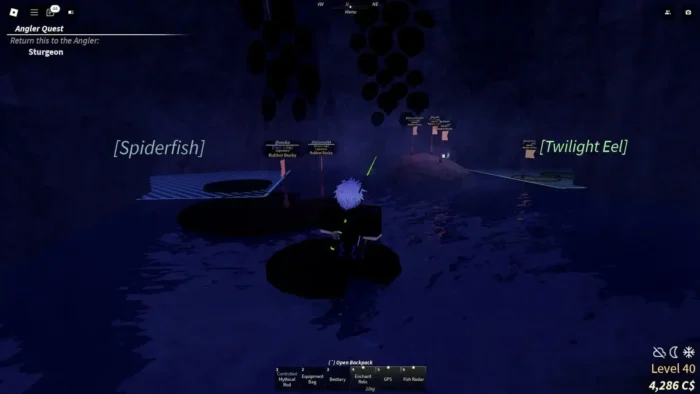  player character stands in a dark, mysterious cave with glowing lily pads on the water's surface. On-screen labels indicate rare fish like “Spiderfish” and “Twilight Eel,” while other players nearby are labeled as using “Rubber Ducky” boats. The UI shows fishing gear and quest details, emphasizing the eerie, underwater-themed environment of the Vertigo location in Roblox Fisch.