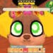 Close-up of a cute, wide-eyed Roblox pet with yellow ears and a flower crown inside Work at a Pizza Place, with in-game shop and pet interaction options visible.