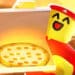 Roblox Work at a Pizza Place character smiling while holding an open pizza box with a glowing cheese pizza, set against a warm sunset background.