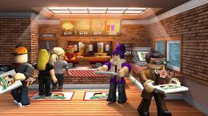 Roblox Work at a Pizza Place scene shows customers placing orders at the counter, with employees behind it and players holding menus in a cozy brick-walled shop.