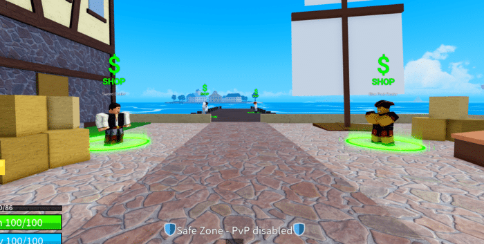 In-game scene from Roblox’s Blox Fruits, showing the Safe Zone spawn area with NPC shops including a Sword Dealer and a Blox Fruit Dealer. The area is near a dock with distant islands, crates, and a large sailboat in the background. Green "SHOP" icons float above each NPC.
