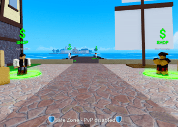 Blox Fruits game scene showing a safe zone with Sword Dealer and Blox Fruit Dealer NPCs near the dock, surrounded by crates and green shop icons.