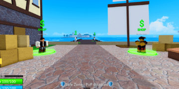 Blox Fruits game scene showing a safe zone with Sword Dealer and Blox Fruit Dealer NPCs near the dock, surrounded by crates and green shop icons.