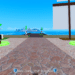 Blox Fruits game scene showing a safe zone with Sword Dealer and Blox Fruit Dealer NPCs near the dock, surrounded by crates and green shop icons.
