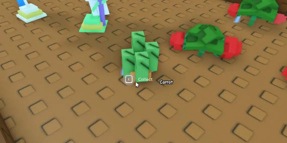 Close-up of a carrot plant ready for collection in Grow a Garden on Roblox, surrounded by turtles and NPCs on a tile-pattern ground.