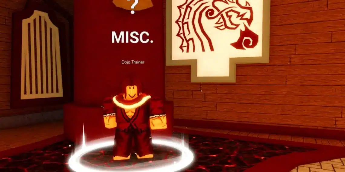 A Roblox character labeled “Dojo Trainer” standing on a glowing red circle in a wooden dojo-themed room. Above the character is the word "MISC." and a question mark, with a stylized dragon mural on the wall behind them.