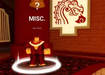 A Roblox character labeled “Dojo Trainer” standing on a glowing red circle in a wooden dojo-themed room. Above the character is the word "MISC." and a question mark, with a stylized dragon mural on the wall behind them.