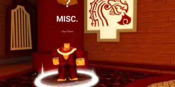 A Roblox character labeled “Dojo Trainer” standing on a glowing red circle in a wooden dojo-themed room. Above the character is the word "MISC." and a question mark, with a stylized dragon mural on the wall behind them.