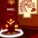 A Roblox character labeled “Dojo Trainer” standing on a glowing red circle in a wooden dojo-themed room. Above the character is the word "MISC." and a question mark, with a stylized dragon mural on the wall behind them.