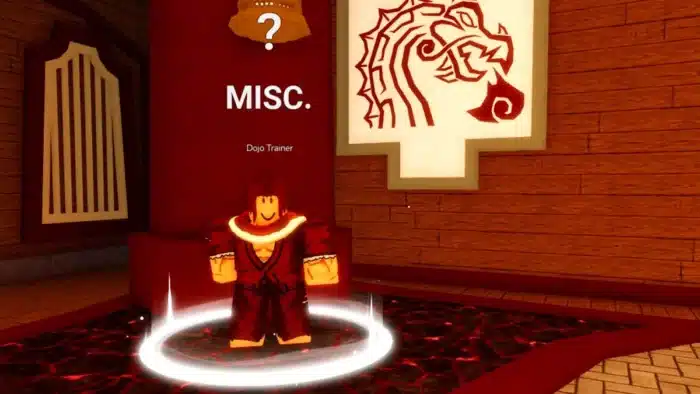The Dojo Trainer NPC stands in a glowing circle inside a wooden dojo room with a dragon banner and “MISC.” label above. 