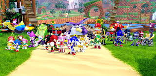 Group of Sonic Speed Simulator characters in Roblox, featuring Sonic, Tails, Knuckles, and others standing ready in a vibrant, loop-filled Green Hill Zone.
