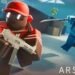 A Roblox Arsenal scene shows a red-clad character wielding a gun while a blue opponent charges with a sword; intense action unfolds in a warehouse environment.