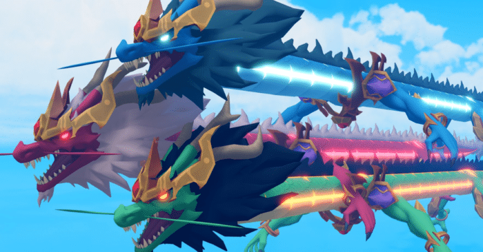 Three majestic dragon models from Blox Fruits, each with unique glowing colors—blue, red, and green—wearing golden armor and soaring in the sky, showcasing the visual representation of the Dragon Fruit transformation in Roblox.