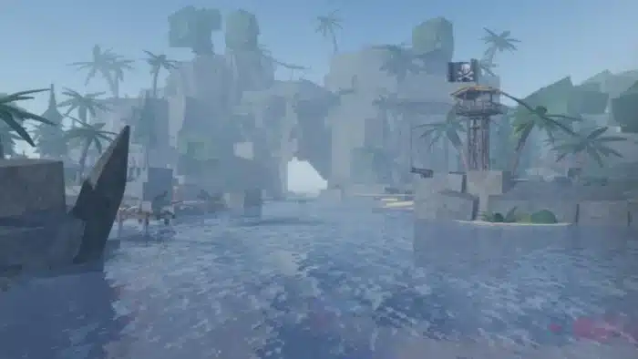 A misty pirate-themed island in Roblox Fisch, named Forsaken Shores, featuring jagged rocks, palm trees, a wooden lookout tower with a skull-and-crossbones flag, and shallow ocean water reflecting the terrain.