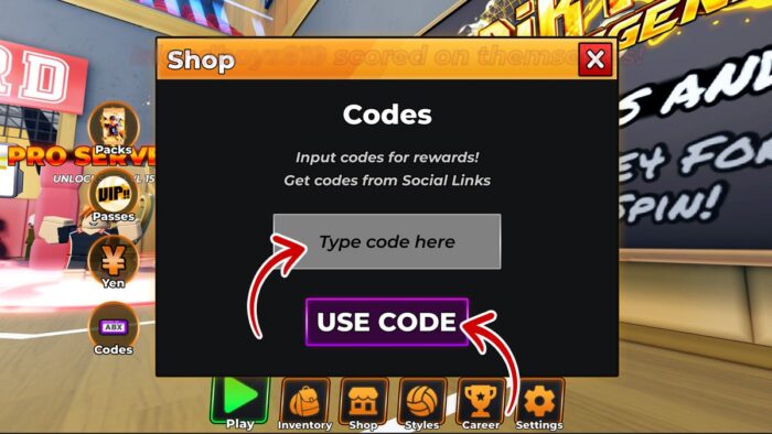 Codes section in Volleyball Legends