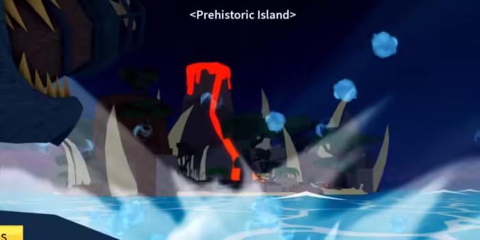  Image unavailable due to unsupported file type; shows prehistoric island in Roblox likely with ancient terrain or themed elements.