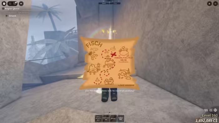 A foggy coastal area in Roblox Fisch called Forsaken Shores, featuring pirate-themed elements such as lookout towers, cannons, and skull flags among rocky cliffs and palm trees, surrounded by reflective ocean waters.