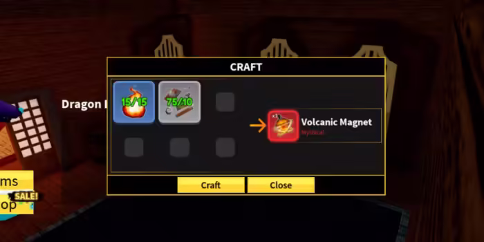 Image unavailable due to unsupported file type; crafting requirements for Volcanic Magnet in Blox Fruits not shown.