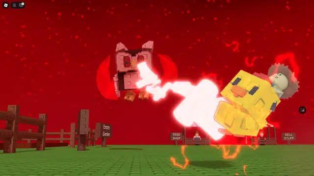 Roblox Grow a Garden scene with a Chicken Jockey launching a lightning attack under a red sky near signs for Seed Shop and Sell Stuff.

