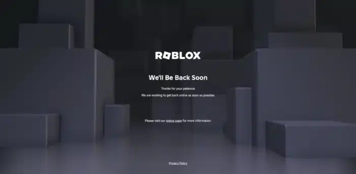 Image from roblox about it being down