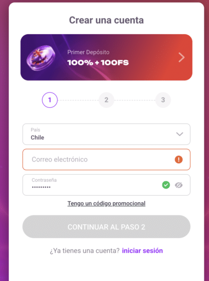 Registro en TonyBet Chile — formulario de creación de cuenta
