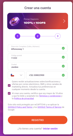 Registro en TonyBet Chile desde el móvil, paso a paso