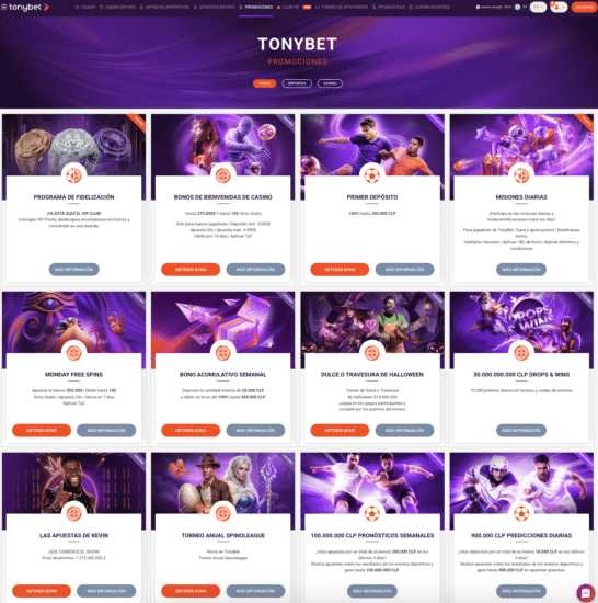 Promociones de casino y deportes de TonyBet Chile