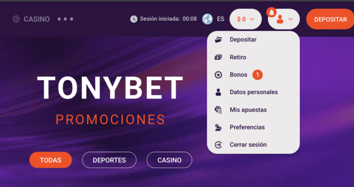 Sección «Bonos» en el perfil de TonyBet para activar los giros gratis del código CLFREE