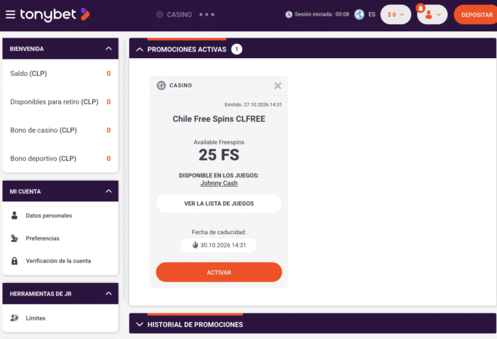 Activación de los 25 giros gratis sin depósito en la tragamonedas Johnny Cash de TonyBet